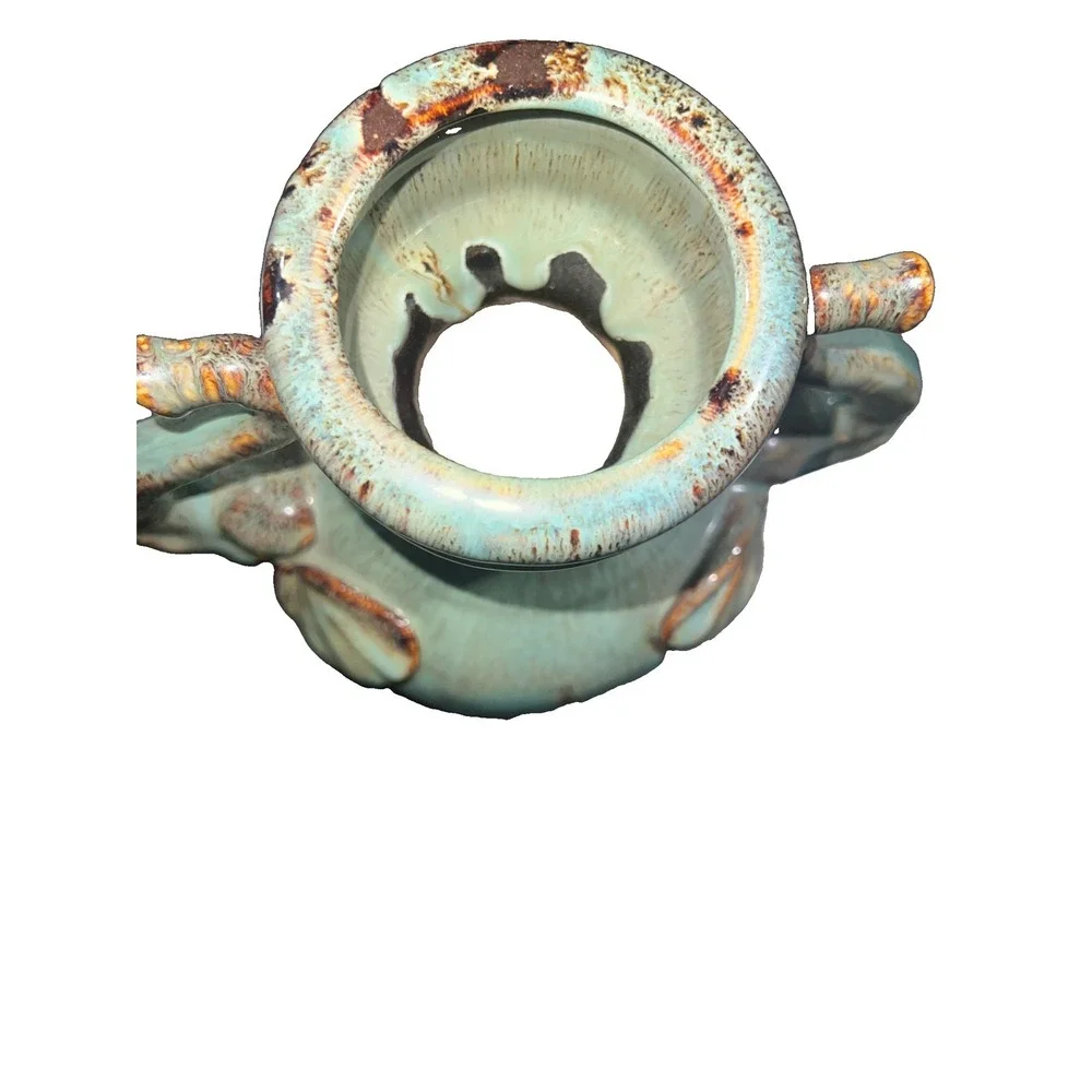 15/ Vintage Ceramic Large Drip Glaze Vase Double Elephant Head Handles Turquoise